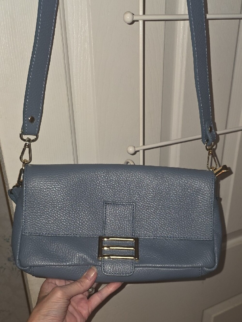 DIVINA FIRENZE Pebbled Slate Blue Shoulder Bag with Gold Buckle Made In Italy